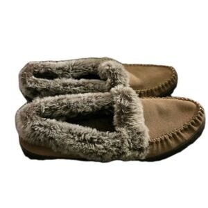 Norm Thompson Women's 8M Tan Suede Faux Fur Lined Moccasin Slippers Indoor...